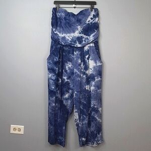 J for Justify Sleeveless Tube Top Wide Leg Navy Tie Dye Romper Jumpsuit